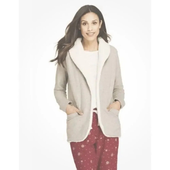 Lands’ End Women's Cozy Sherpa Fleece Cardigan Size Medium Beige - Picture 1 of 9